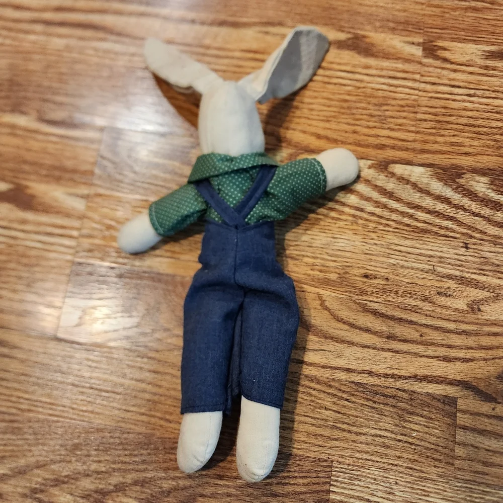 Rustic Primative Boy Bunny in Overalls and a Green Polka-dot Shirt approx. 13